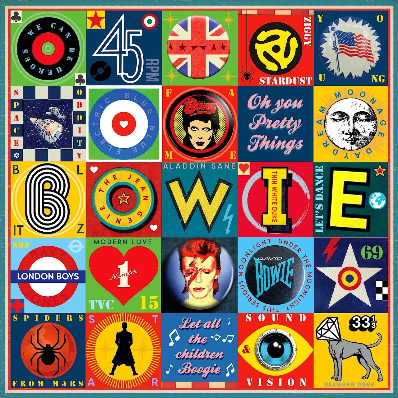 Pop art collage grid with David Bowie portraits, lightning bolt face paint, Union Jack, and retro music symbols