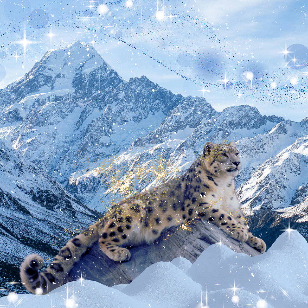 Snow leopard on snowy rocks with mountain peaks and sparkling light effects