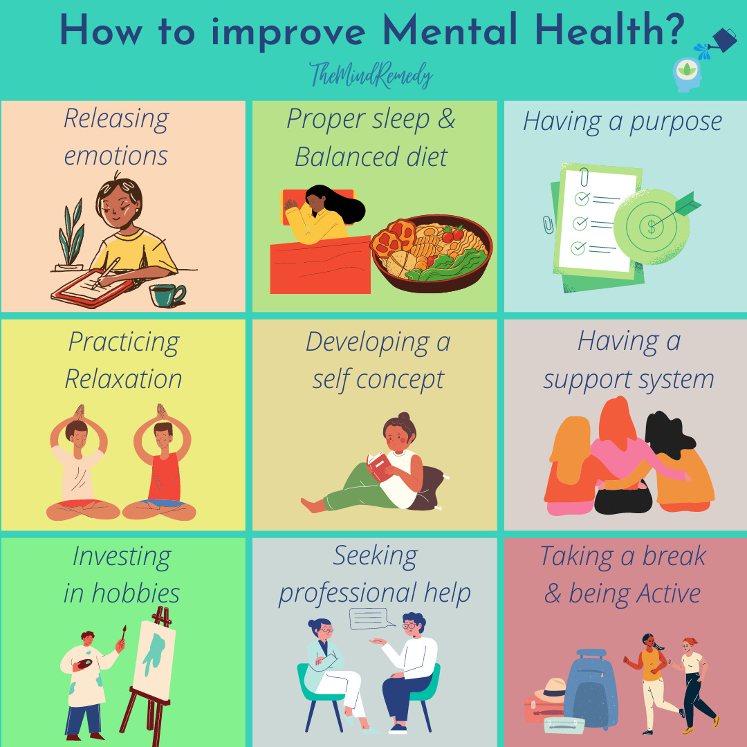 Colorful infographic with nine illustrated tips for improving mental health