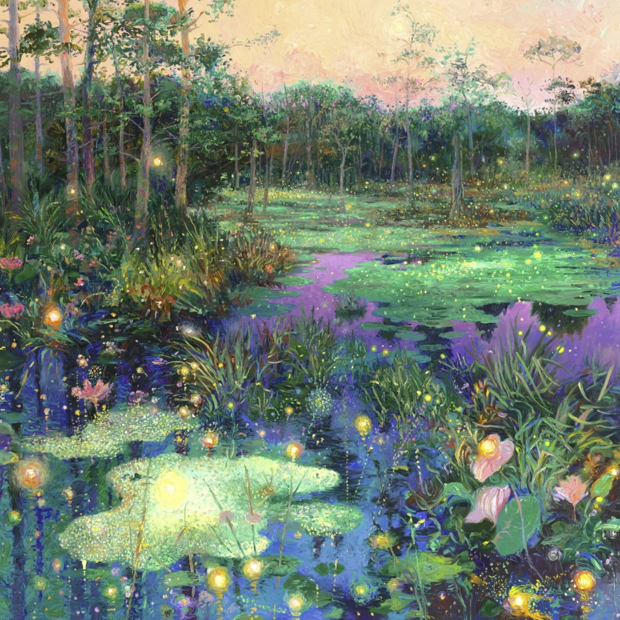 Impressionist oil painting of a flower-filled pond with trees and lily pads in vibrant colors
