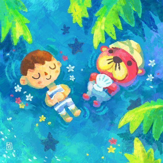Illustration of a sleeping child and tiger character floating on a blue background with leaves and flowers