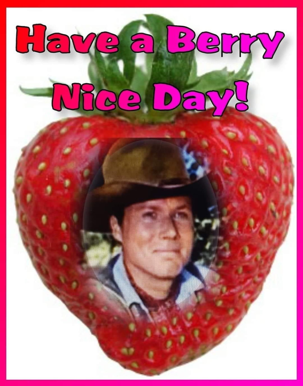 Man's portrait inside a red strawberry with 'Have a Berry Nice Day!' text on white background