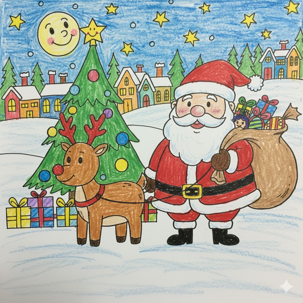 Cartoon Santa Claus with reindeer, Christmas tree, and gift sack in snowy village under starry night sky