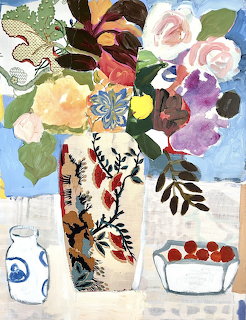 Colorful painting of flowers in ornate vases with a bowl of red fruit on a table