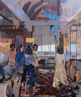 Painting of people in an indoor market with warm tones and architectural elements