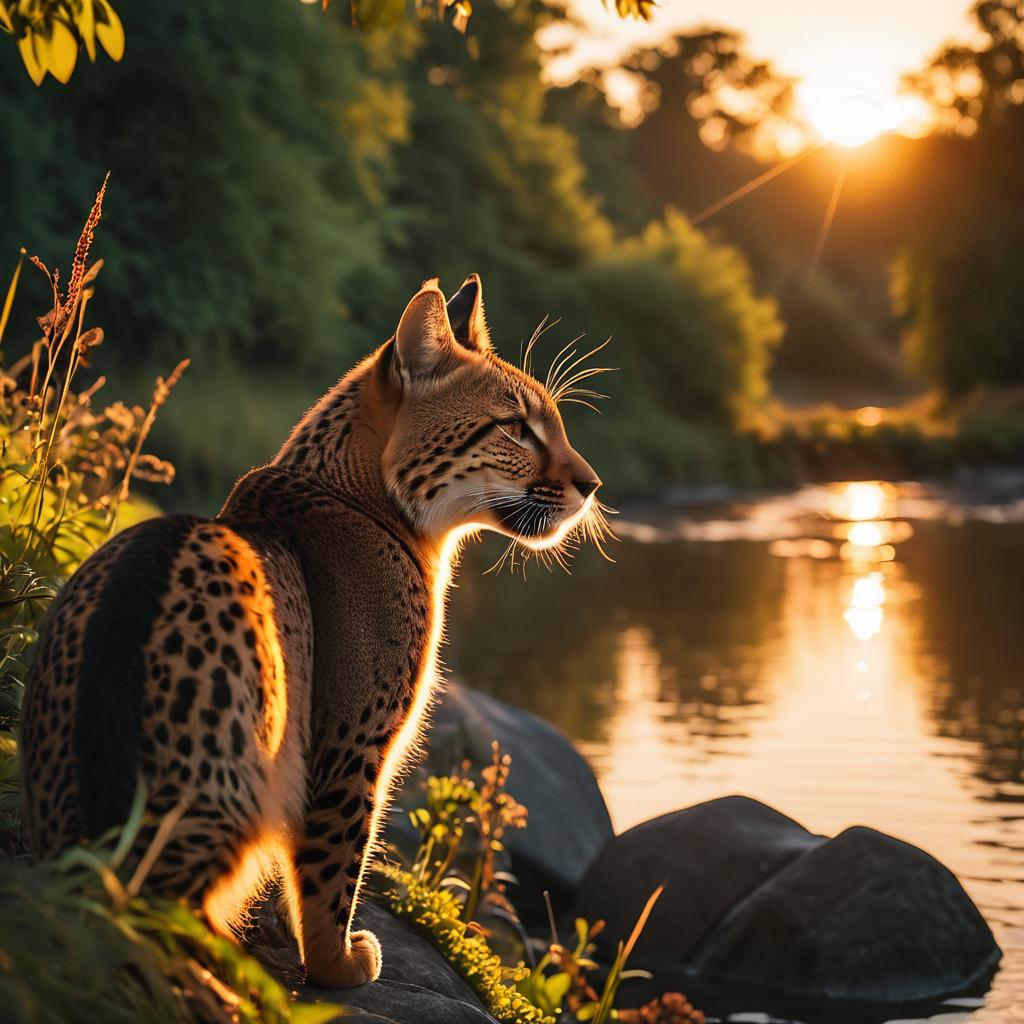 Serval wildcat on riverside rocks at sunset with golden backlighting and forest background