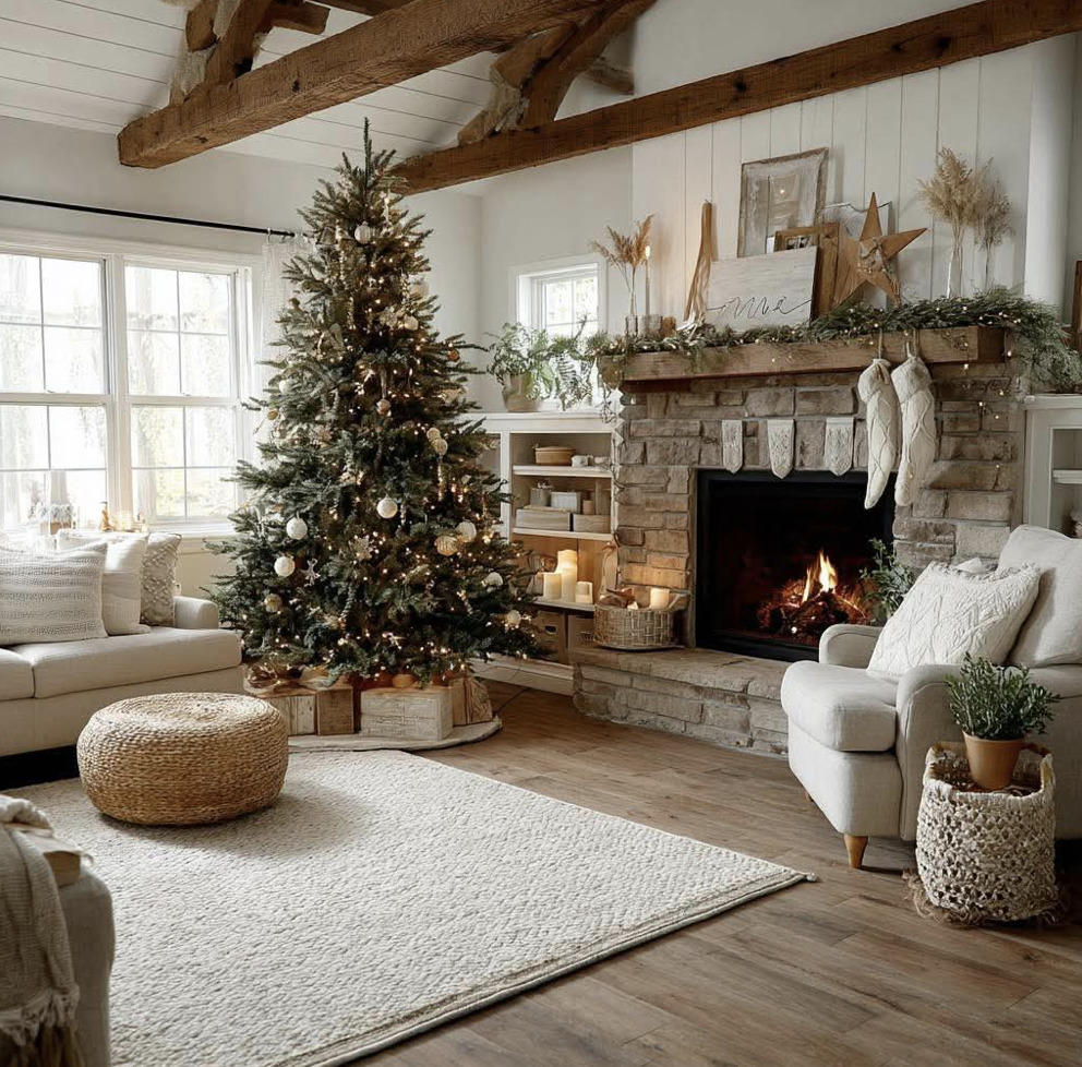 Cozy living room with a Christmas tree beside a lit stone fireplace and holiday stockings