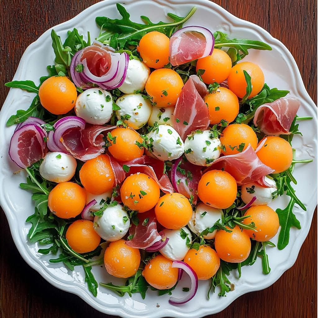 Overhead view of fresh salad with melon, mozzarella, prosciutto and arugula on decorative white plate