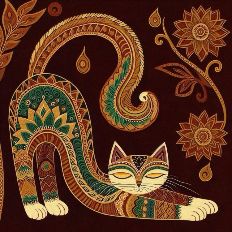 Ornate illustrated cat stretching in yoga pose with mandala patterns and flowers on dark background