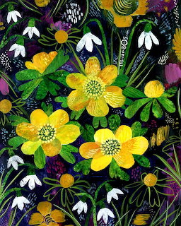 Colorful illustration of yellow, white, and purple wildflowers with green leaves on black background
