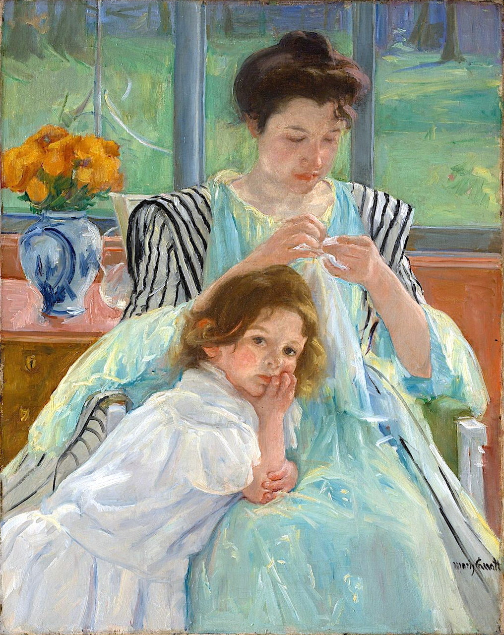 Impressionist painting of mother sewing with child in white dress, soft blue and pastel tones, garden window view