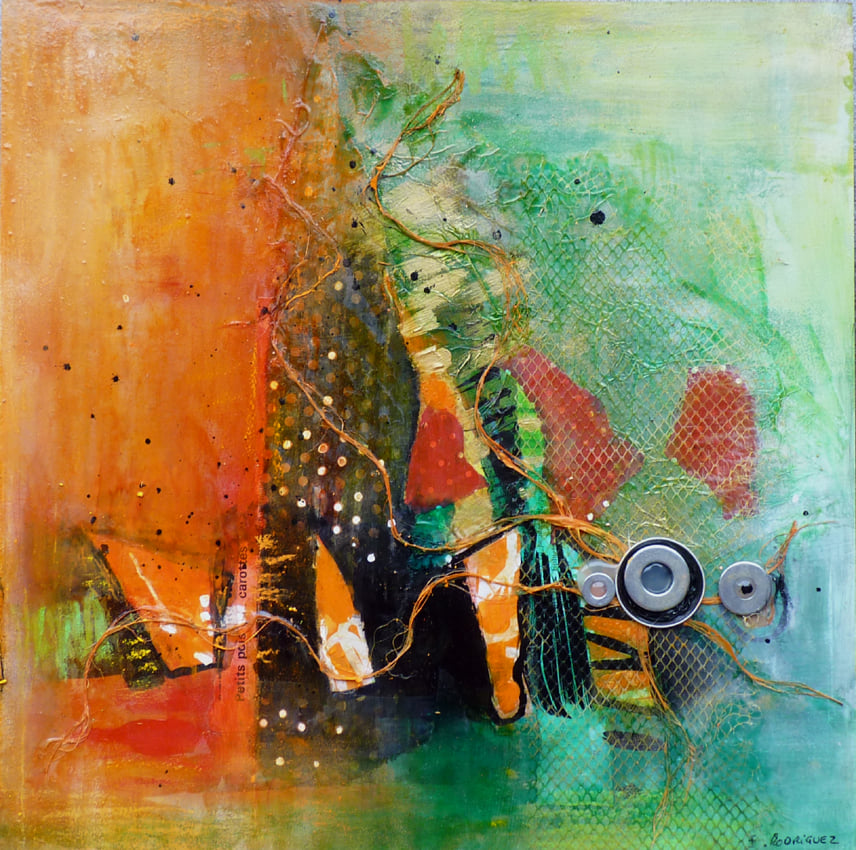 Abstract mixed media painting in orange and turquoise with textured layers, dots, and circular shapes