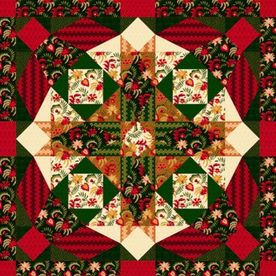 Christmas quilt with poinsettia flowers, holly, and star pattern in red, green, and cream fabrics