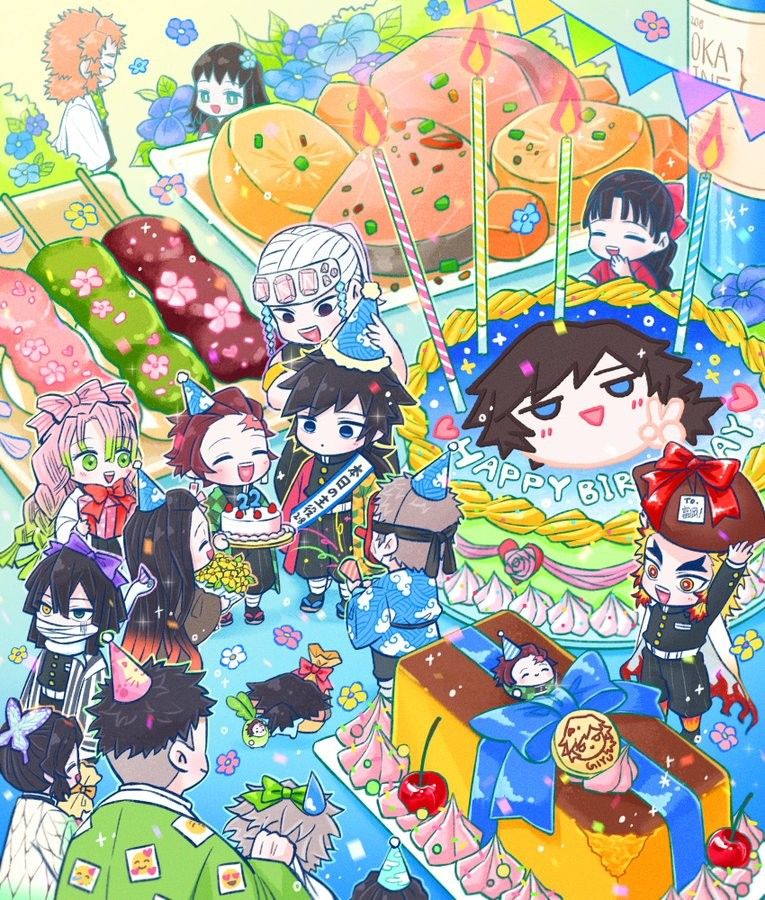 Chibi anime characters from Demon Slayer in colorful collage grid with playful scenes