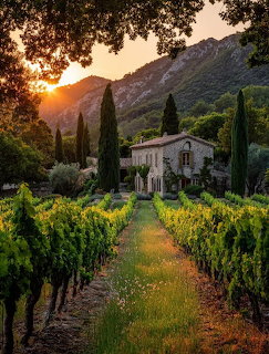 Stone farmhouse with cypress trees surrounded by vineyard rows at sunset with mountains in background