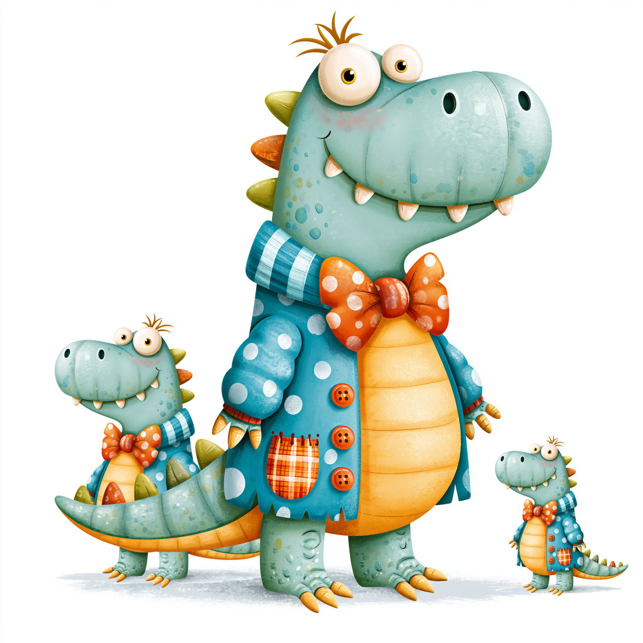 Cartoon illustration of three cute blue dinosaurs wearing colorful clothes on a white background