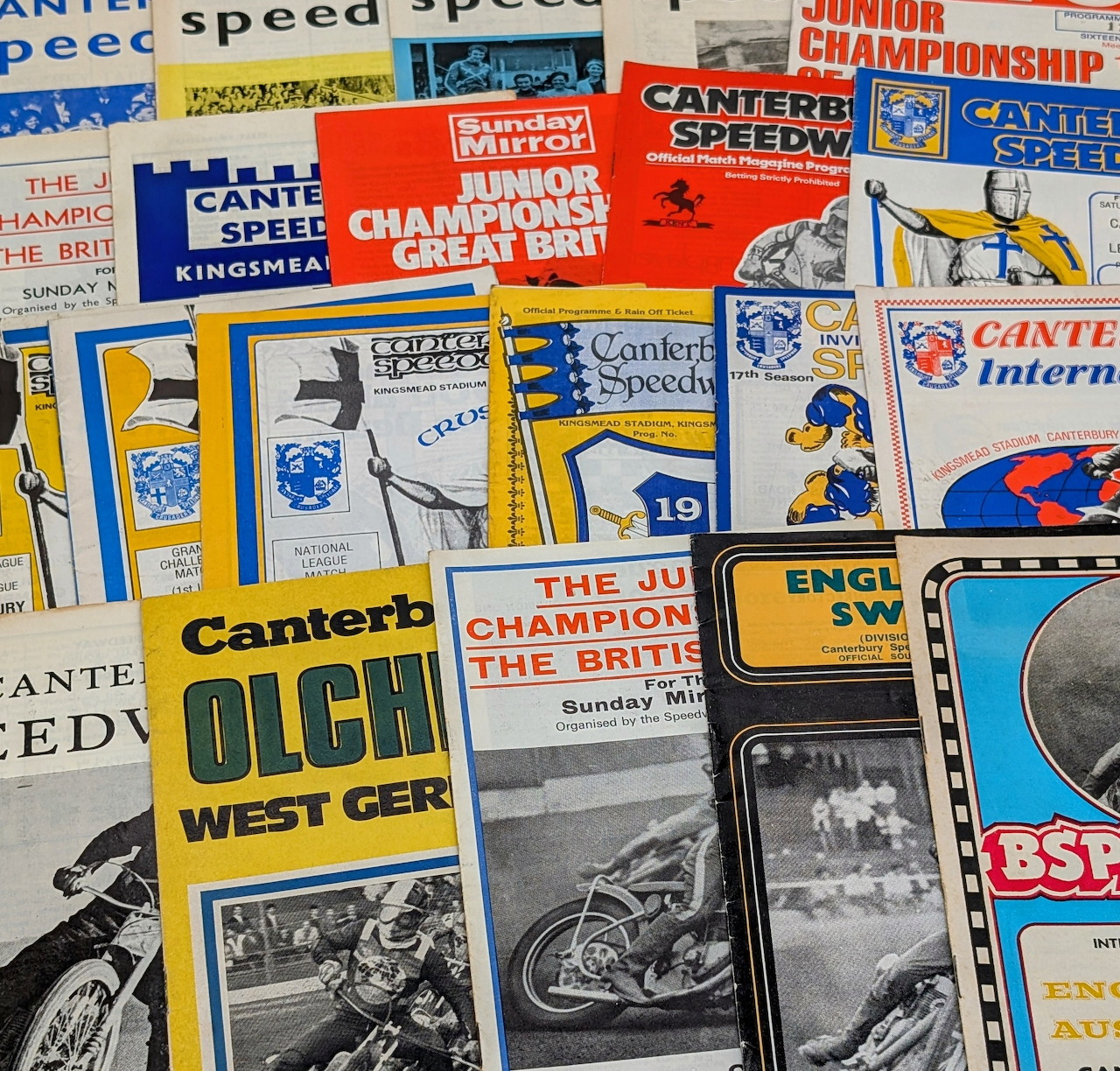 Collage of vintage speedway race program and magazine covers