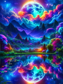 Fantasy landscape with giant glowing moon, colorful neon clouds, mountains, vibrant trees and reflective lake at night