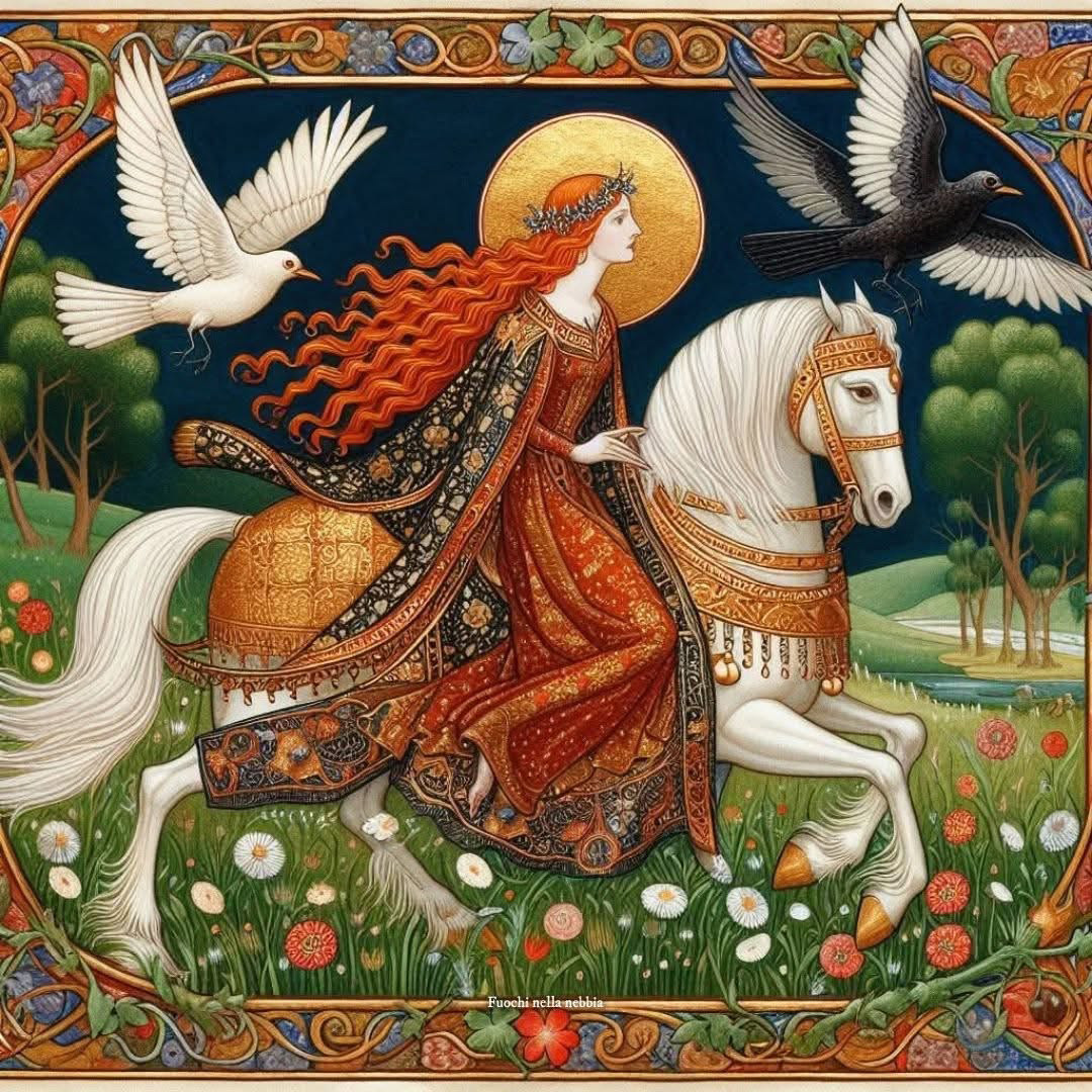 Princess with red hair riding white horse in forest with doves, ornate decorative border