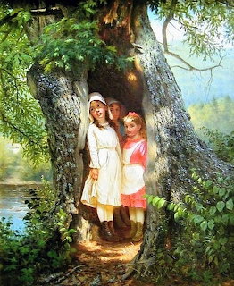 Painting of three children standing inside a hollow oak tree trunk near a river with green foliage