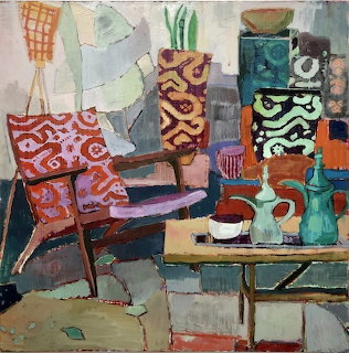 Abstract painting of interior with patterned chair, table, vases and geometric shapes in vibrant colors