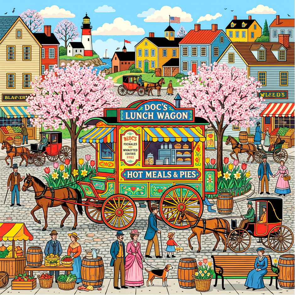 Folk art scene of town square with lunch wagon, cherry blossoms, lighthouse, and colorful buildings by the ocean