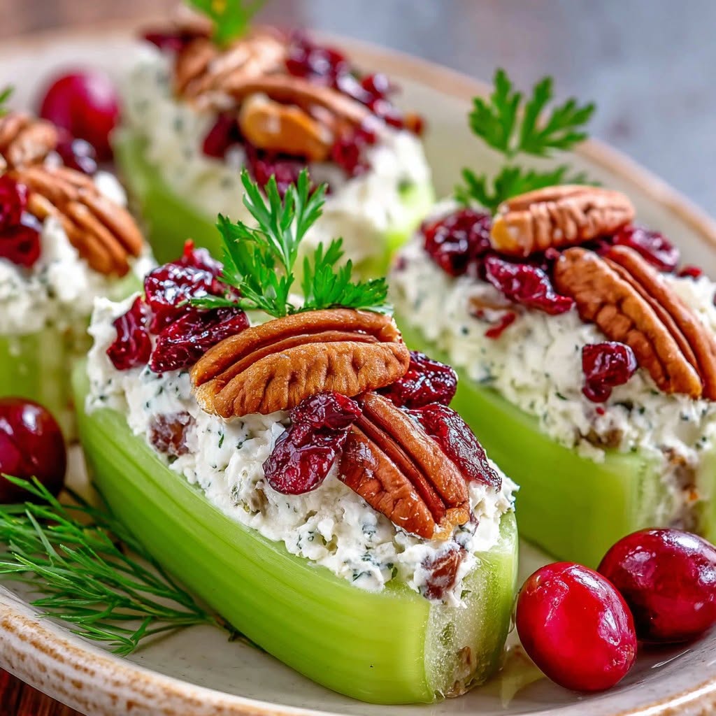Cucumber boats filled with cream cheese, topped with pecans and dried cranberries on a beige plate