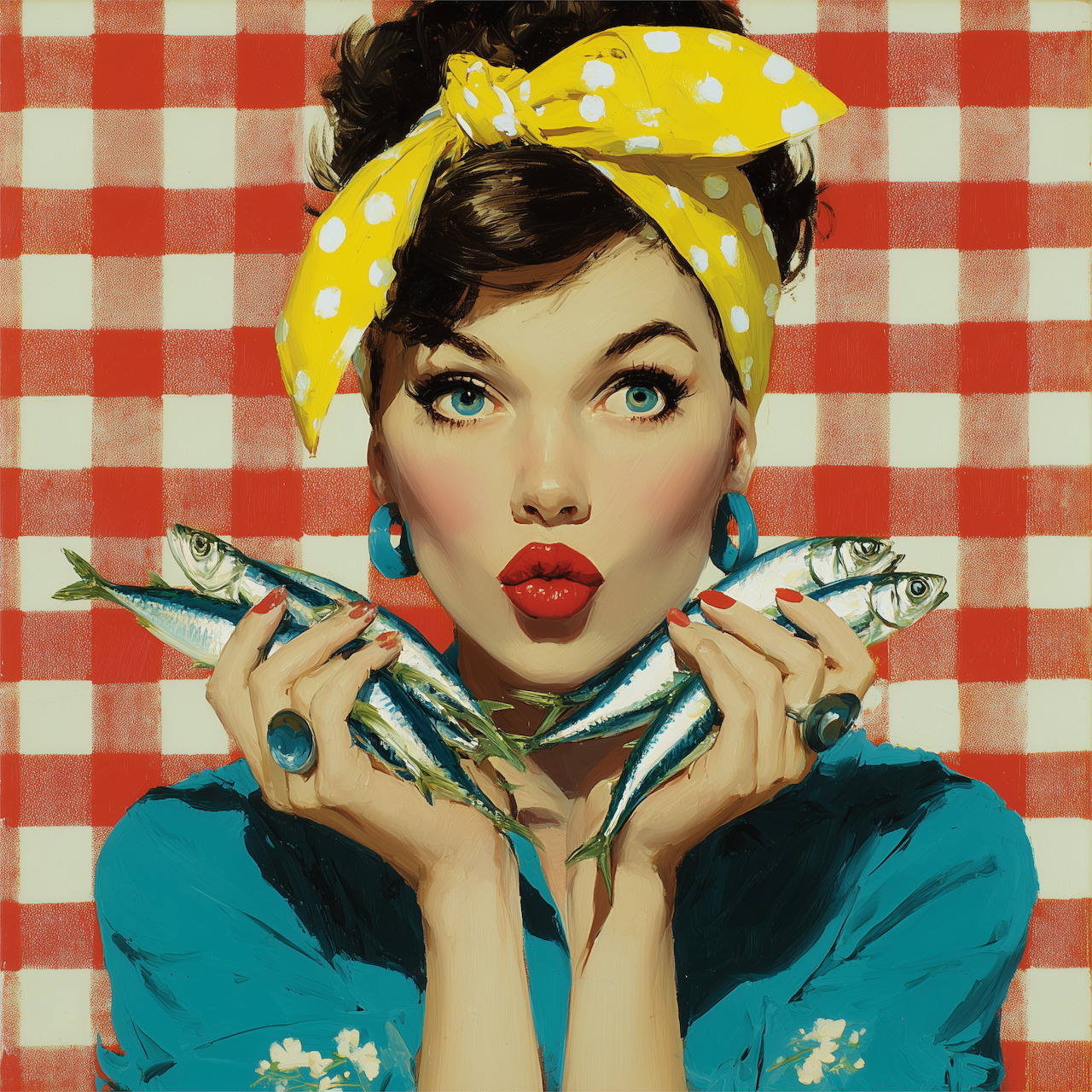 Pop art style portrait of woman with yellow polka dot headscarf holding two fish, red gingham background
