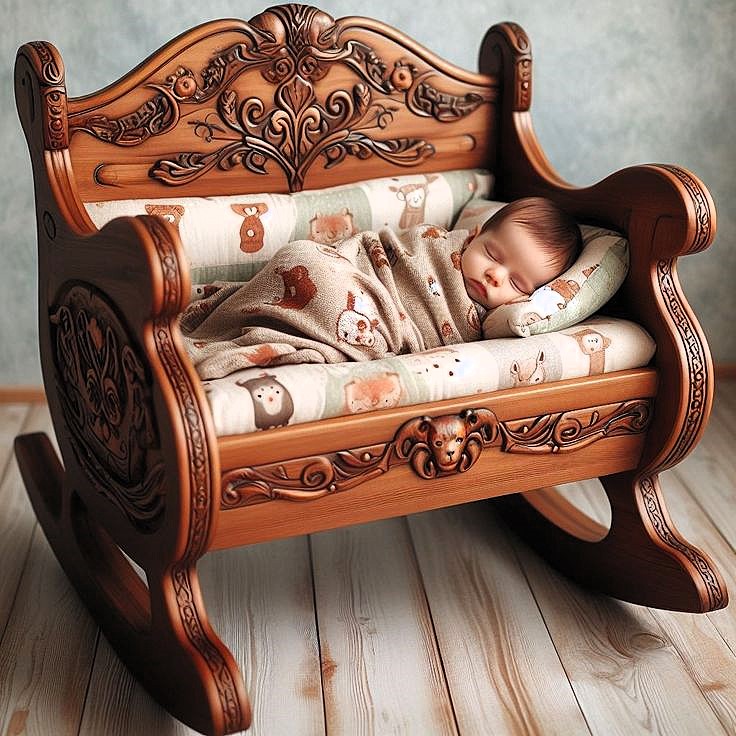 Sleeping baby in an ornate wooden rocking cradle indoors