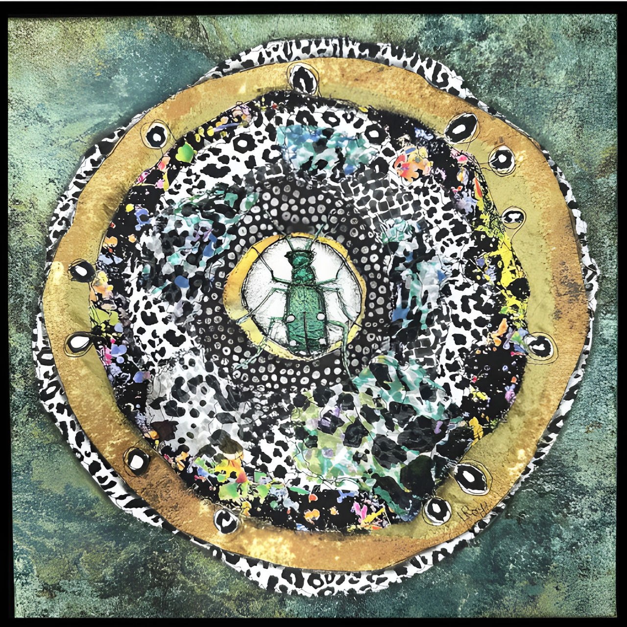 Circular art quilt with spotted tiger beetle design in black, white, and gold on teal textured background