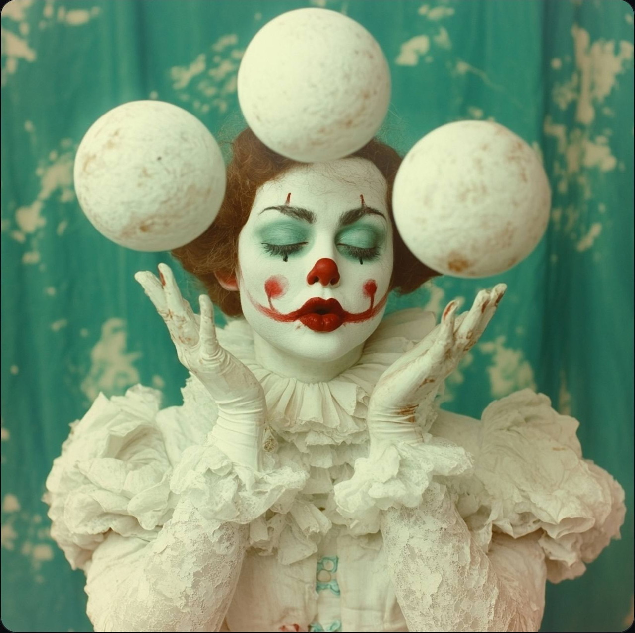Vintage-style harlequin clown portrait with white costume, face paint, and three white pom-pom balls