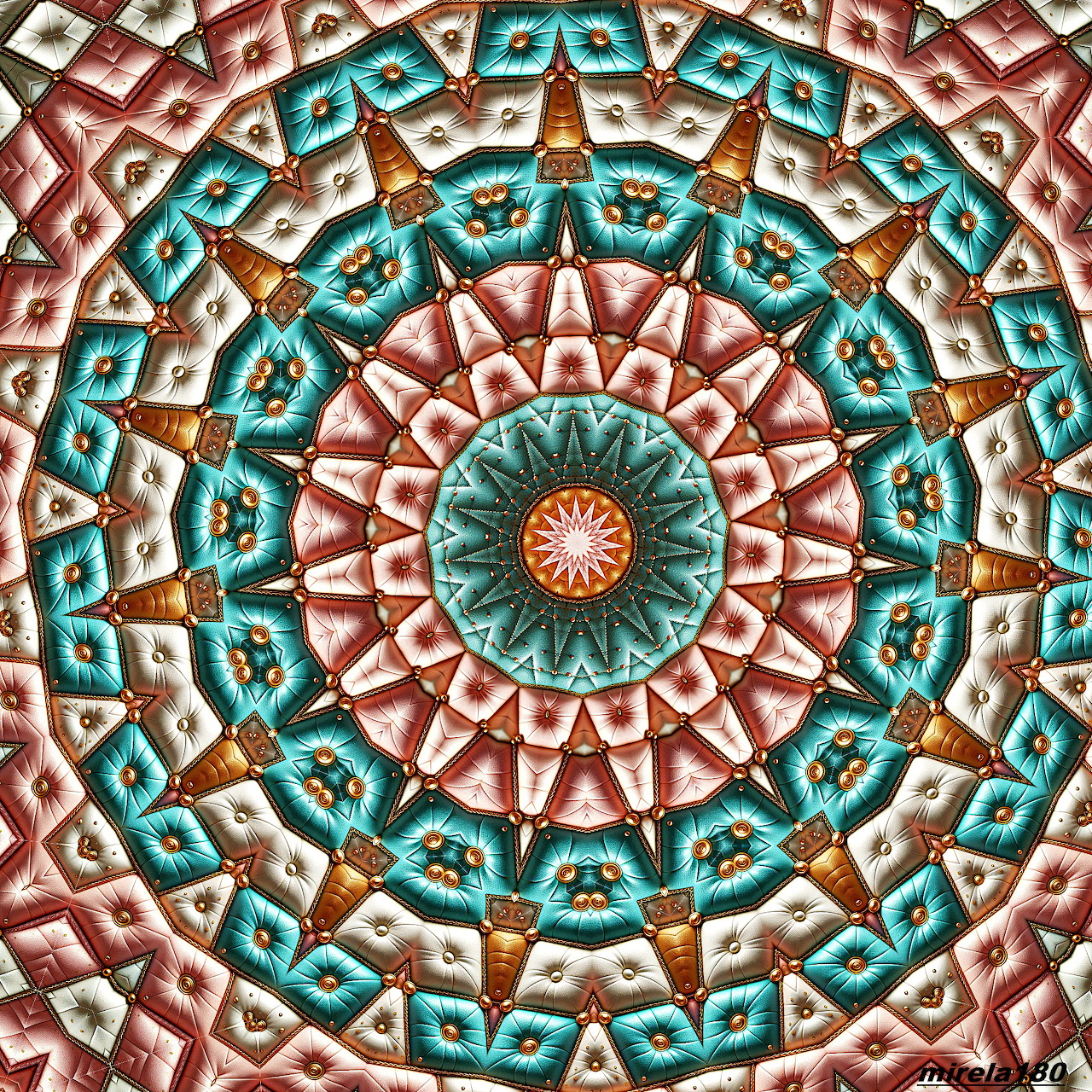 Symmetrical mandala with turquoise and coral geometric patterns in concentric circles
