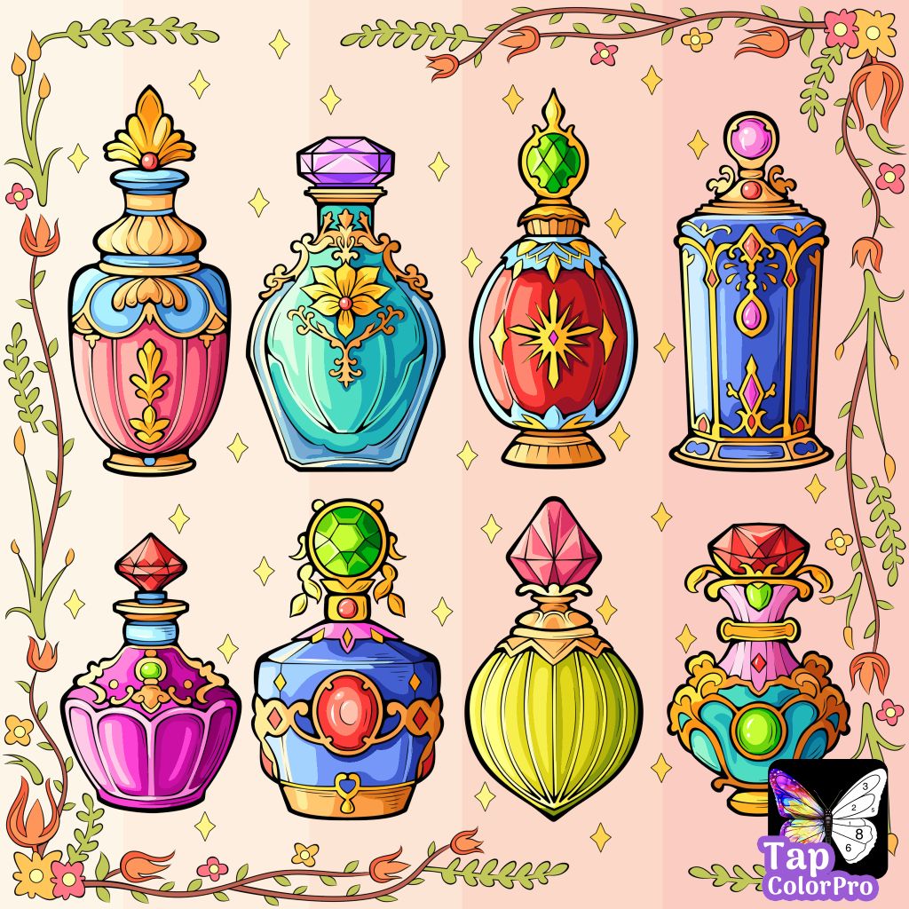 Eight colorful ornate perfume bottles with gold details and gemstones on pink background with floral frame