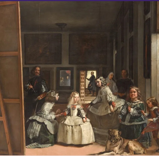 Classic painting of a young girl with attendants, a painter, and a dog inside a large room