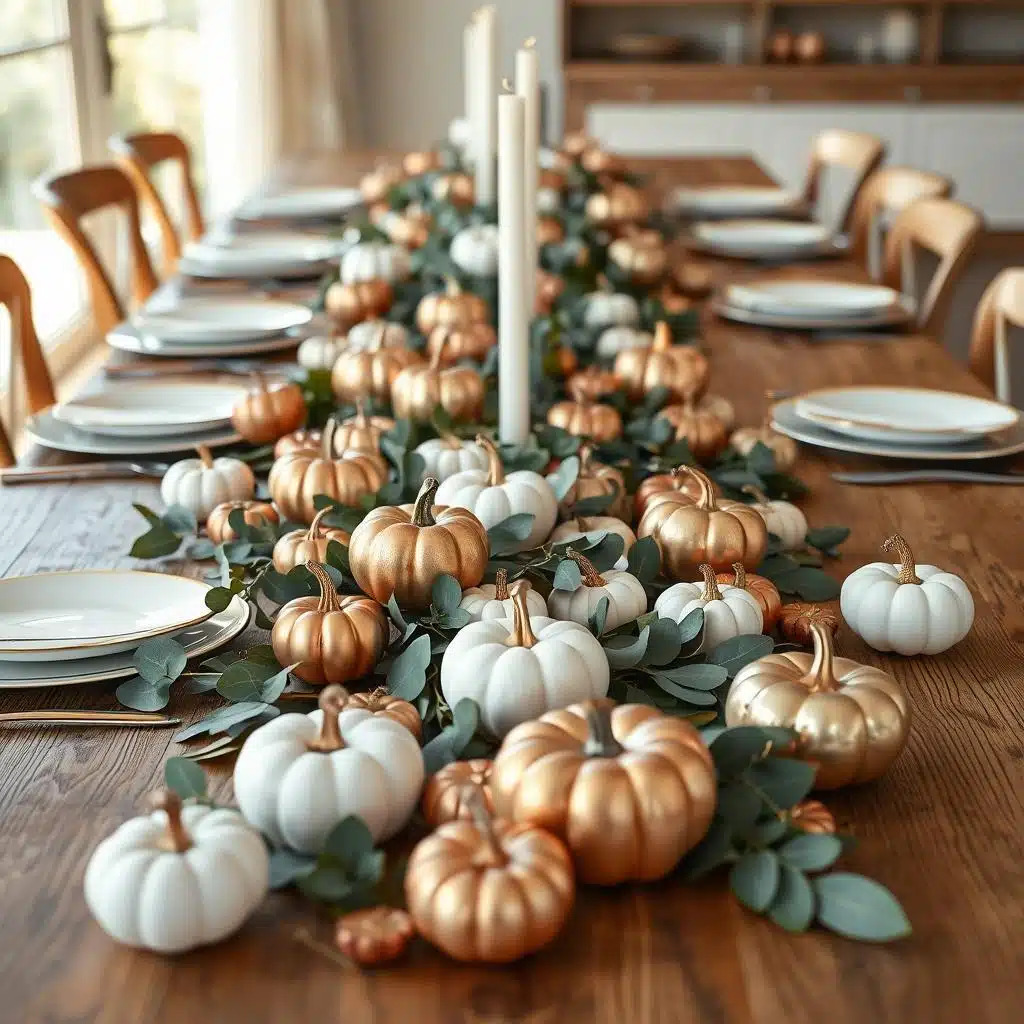 Autumn table decorated with painted pumpkins, eucalyptus leaves, white candles and place settings