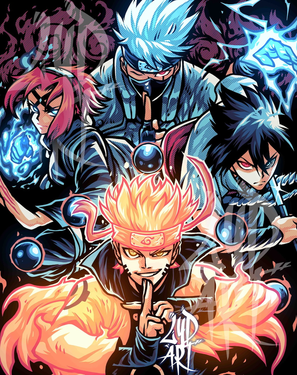 Colorful anime fan art of Naruto and companions with elemental energy effects on dark background