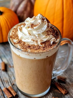 Glass mug of pumpkin spice latte with whipped cream and cinnamon, with pumpkins in the background.