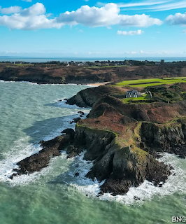 Aerial view of rocky coastal cliffs with green fields and ocean