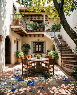 Mediterranean courtyard with tiled staircase, poted plants, wooden dining set, and stucco building with balcony