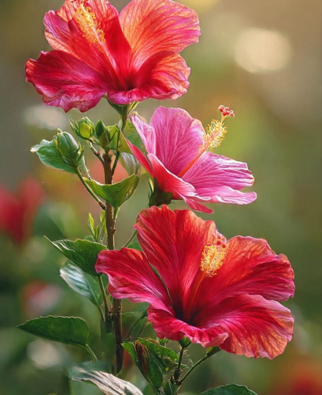 Close-up of pink and red hibiscus flowers with green leaves on a blurred background