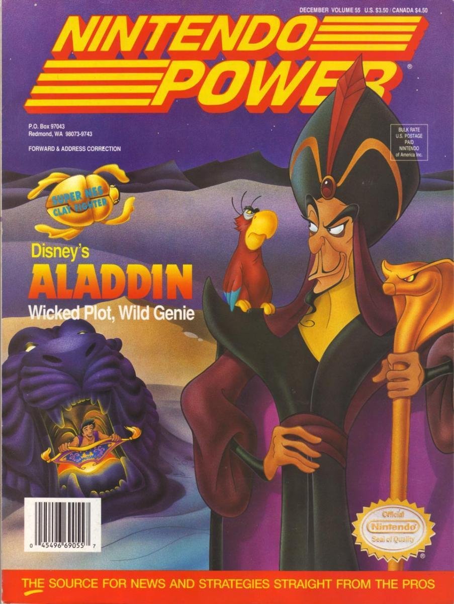 Aladdin and Genie illustration on Nintendo Power magazine cover issue 55