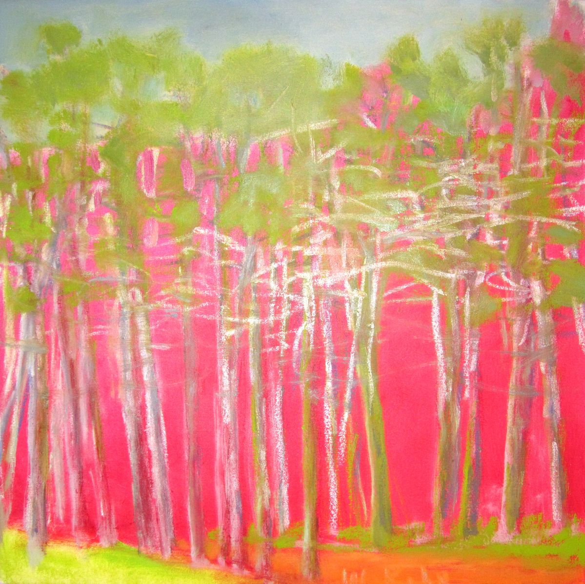 Abstract forest painting with bright pink lower half and lime green upper canopy, white vertical tree trunks throughout