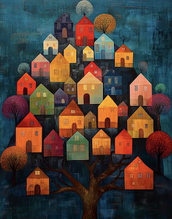 Artistic illustration of colorful geometric houses arranged as leaves on a tree against dark teal textured background