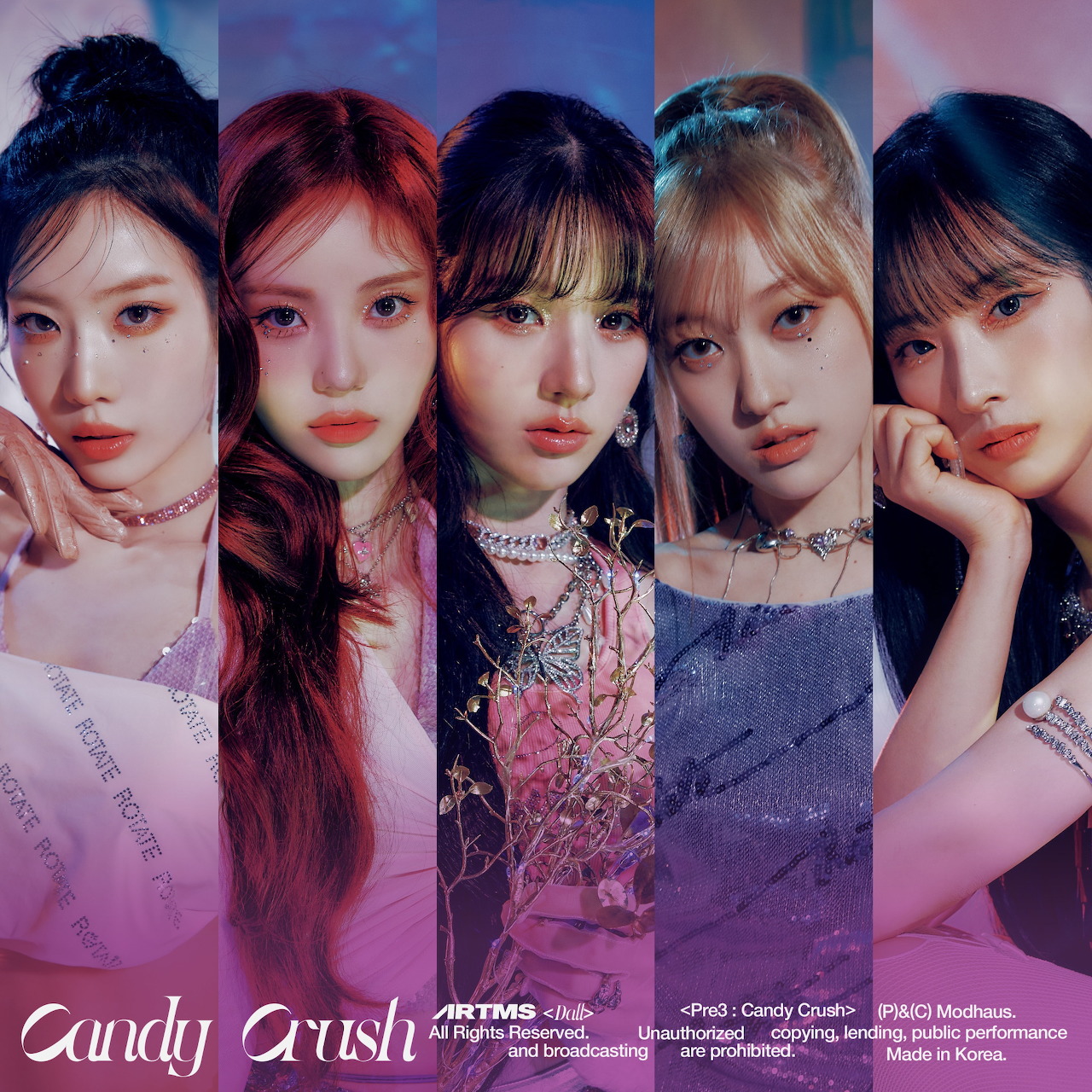 Five women posed in vertical panels wearing pastel dresses and chokers with soft pink and blue lighting