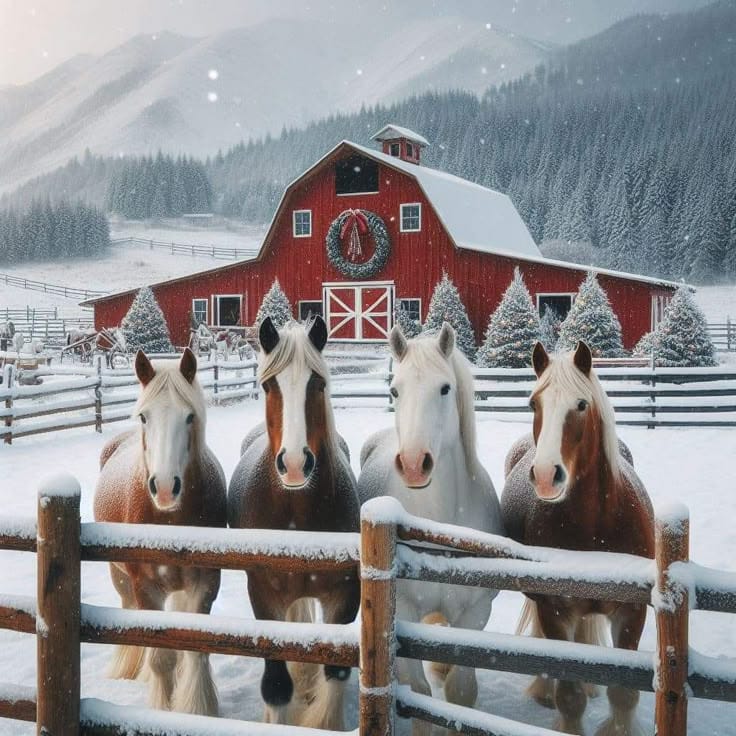 Four horses at a wooden fence in front of a red barn in a snowy mountain landscape