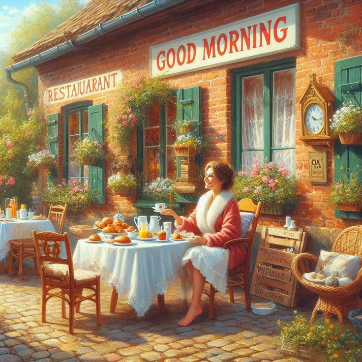 Woman in red dress having breakfast at outdoor restaurant table with Good Morning sign overhead
