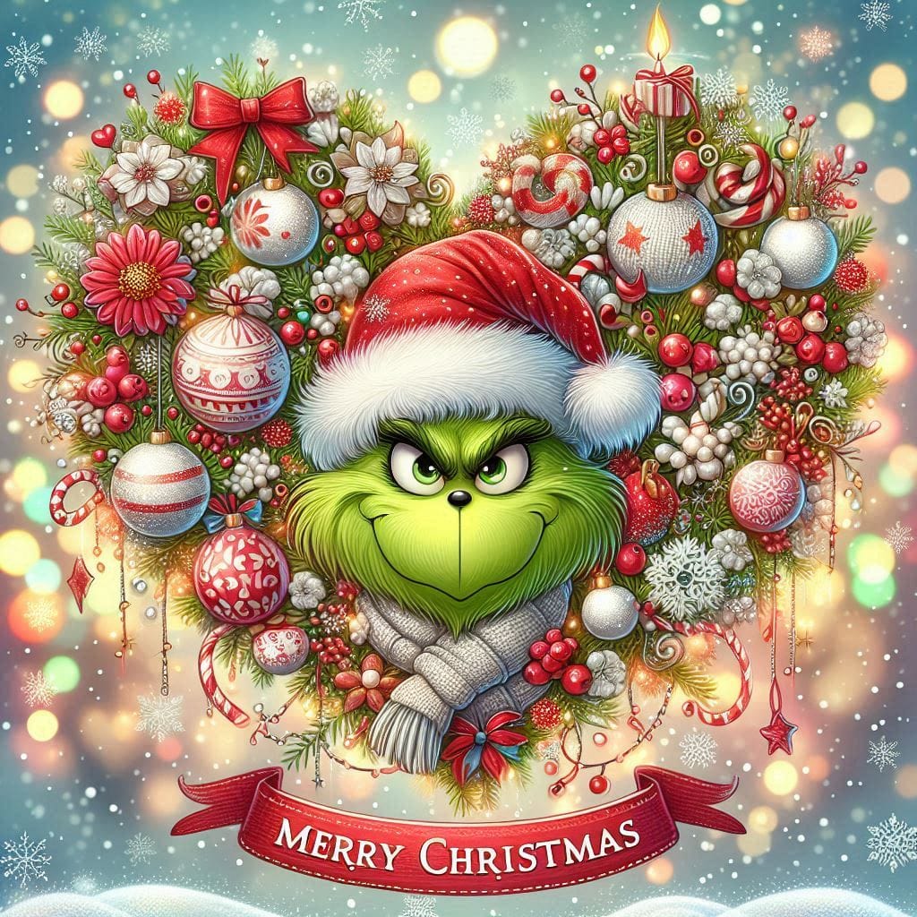 Grinch character in Santa hat centered in decorative Christmas wreath with ornaments and festive elements