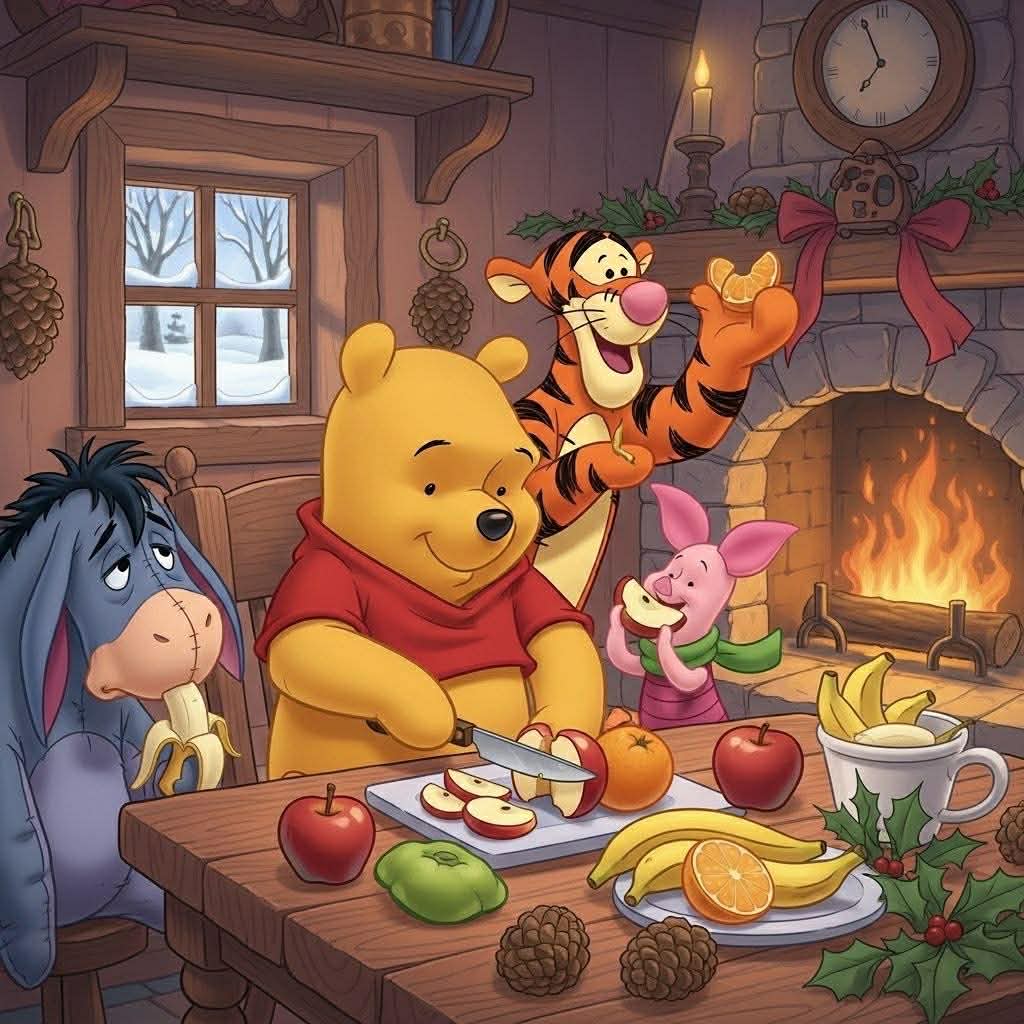 Winnie the Pooh and friends enjoying fruits and honey by a warm fireplace in a rustic cottage interior