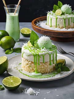 White cake with green lime drip icing, fresh lime slices, flowers and mint garnish on plate