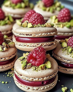Stack of raspberry pistachio macarons topped with fresh berries and chopped nuts on dark background